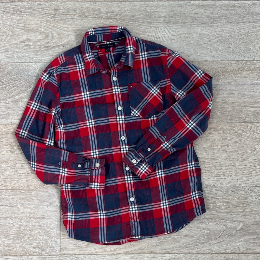 Boys red, white and blue plaid, Tommy Hilfiger, button-down shirt, long sleeve